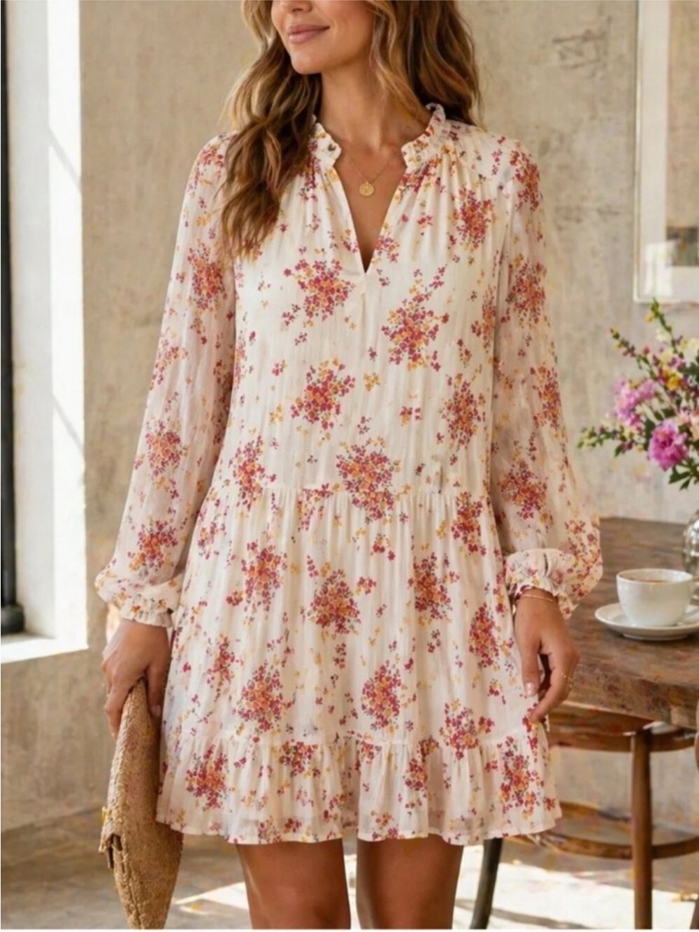 VINCE CAMUTO NWT Ivory Mini Tiered Dress w/Pink & Gold Floral Print Size Medium